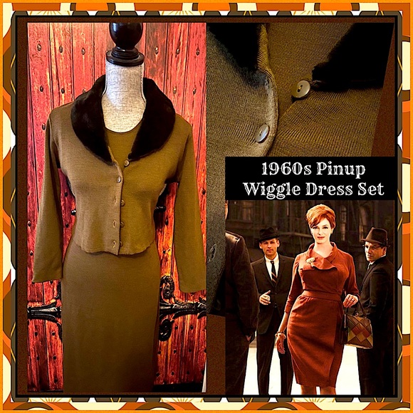 Vintage Dresses & Skirts - 1960s Vintage 2 piece Dress with Fur collar Cardigan